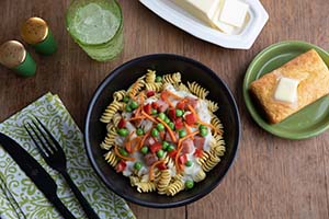 Creamy Pasta Primavera with Ham and Cornbread