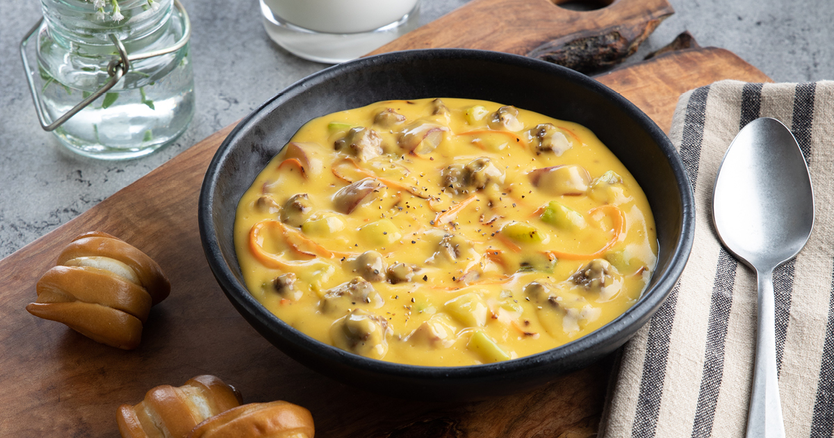 Hearty Cheeseburger Chowder and Pretzel Bites