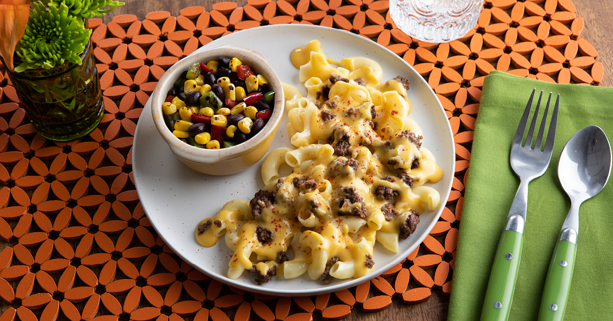 Mexican Style Beef Macaroni and Cheese and Seasoned Fiesta Blend Vegetables